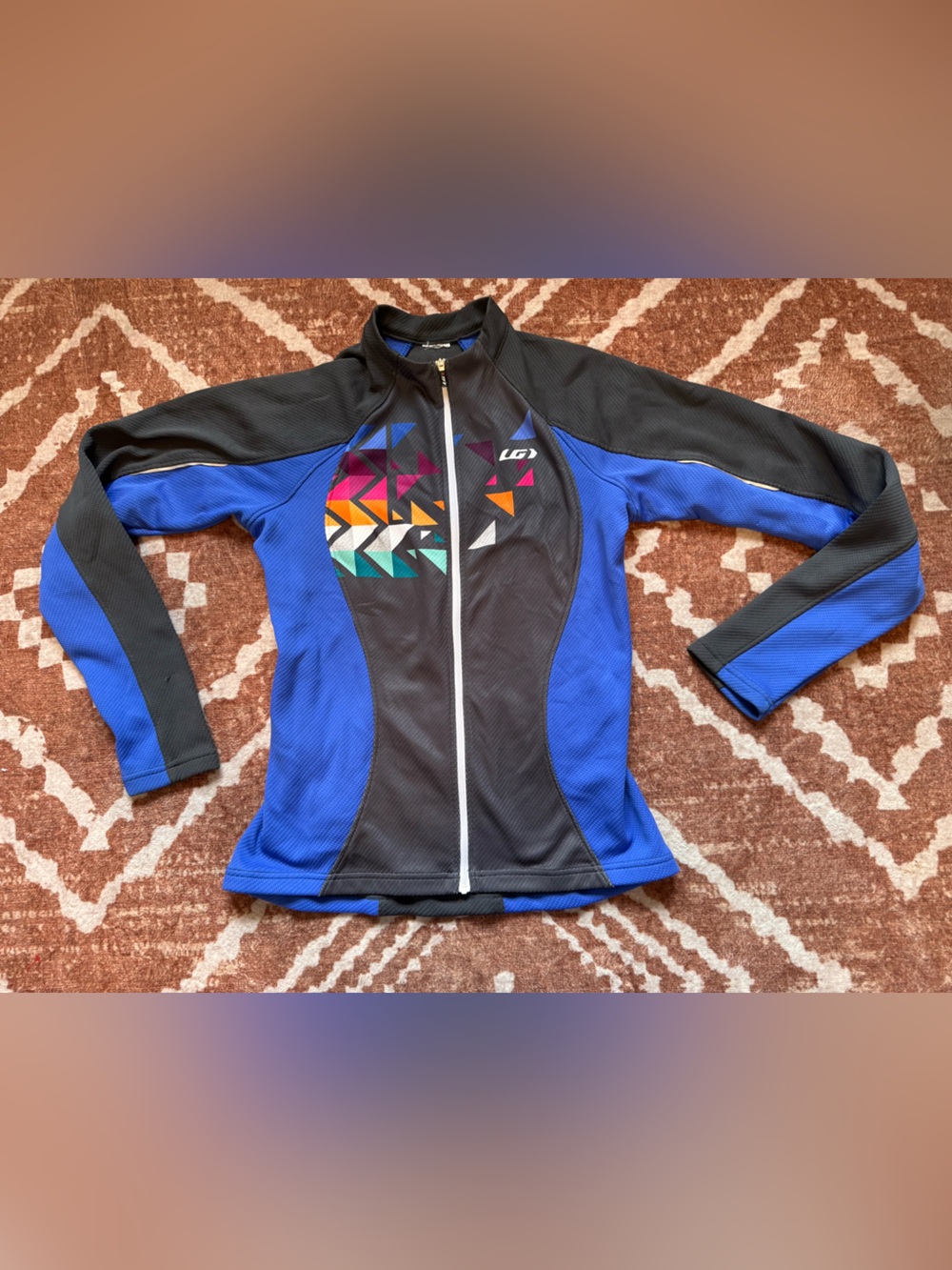 Louis Garneau women’s fleece lined long sleeve jersey geometric purple blue sm